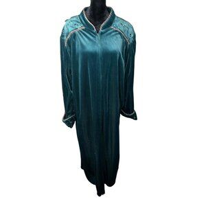 Vintage Jasmine Rose XL Womens Green Velvet Robe Full Zip